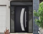 black entry door with 2 sidelites and transom