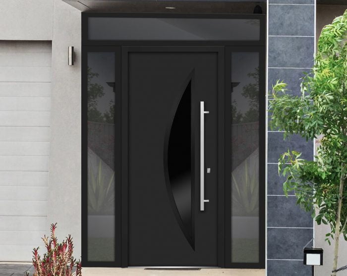 black entry door with sidelites and transom