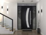 black entry door with 2 sidelites