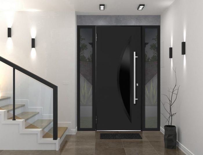 black entry door with sidelites