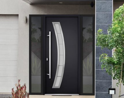 black entry door with 2 sidelites