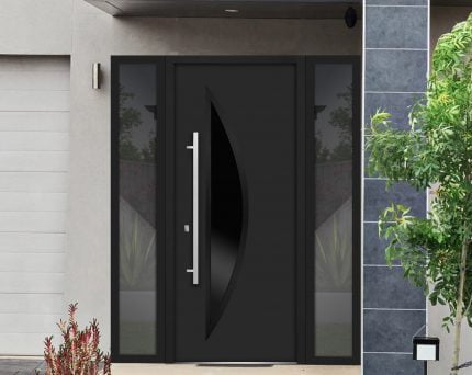 black entry door with sidelites