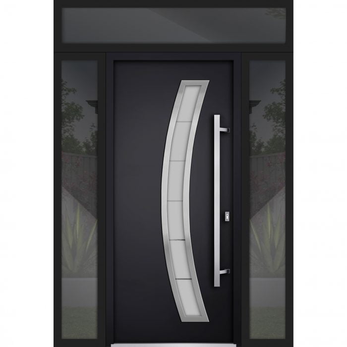 black entry door with 2 sidelites and transom