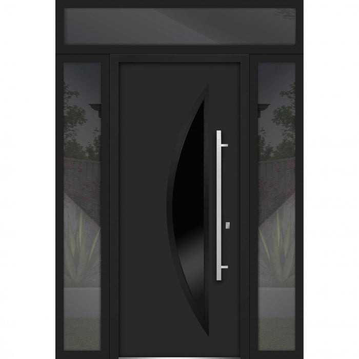 black entry door with sidelites and transom