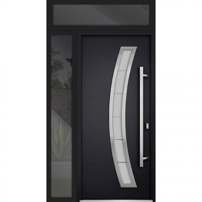 black entry door with sidelite and transom