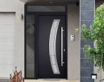 black entry door with sidelite and transom