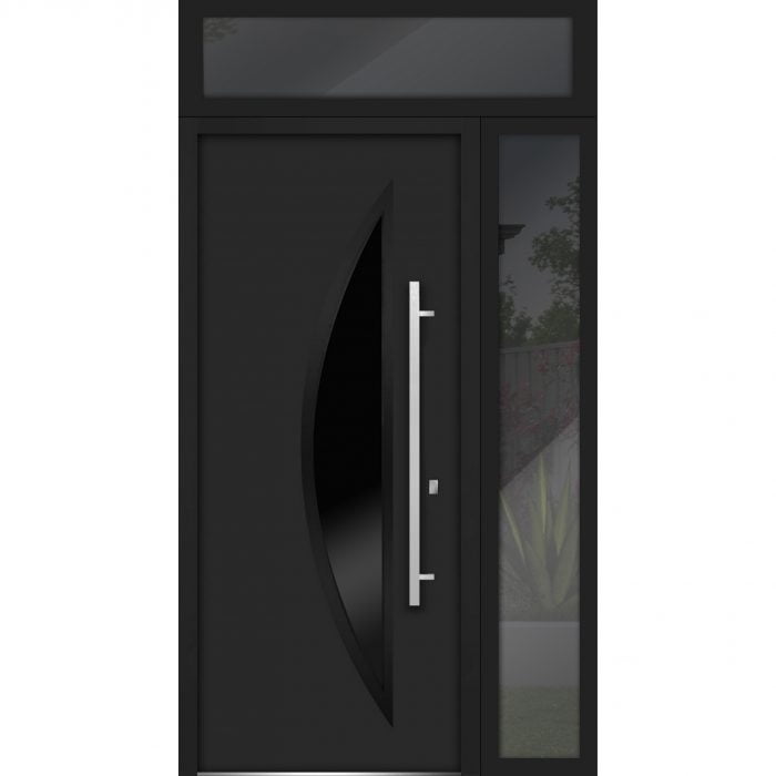 black entry door with sidelite and transom
