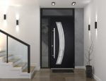 black entry door with sidelite and transom