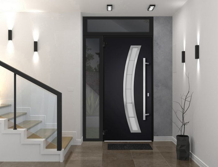 black entry door with sidelite and transom