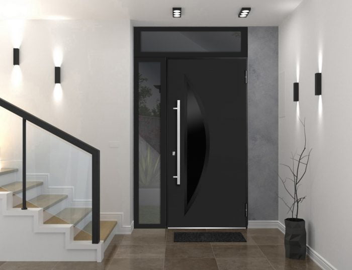 black entry door with sidelite and transom