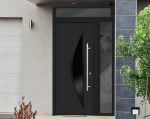 black entry door with sidelite and transom