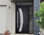 black entry door with sidelite and transom