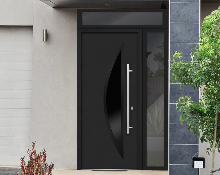 black entry door with sidelite and transom