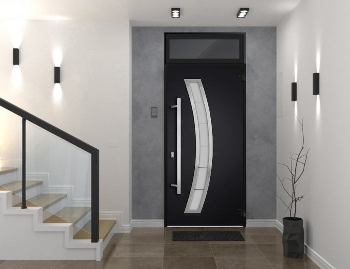 black entry door with transom