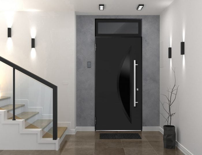 black entry door with transom