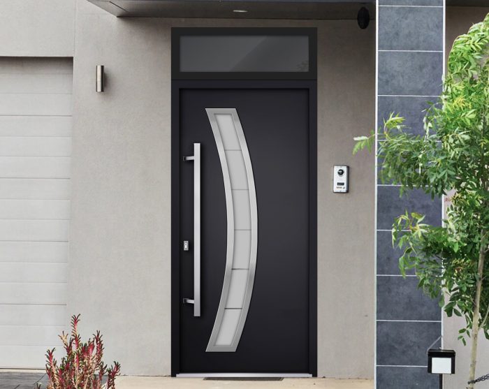 black entry door with transom